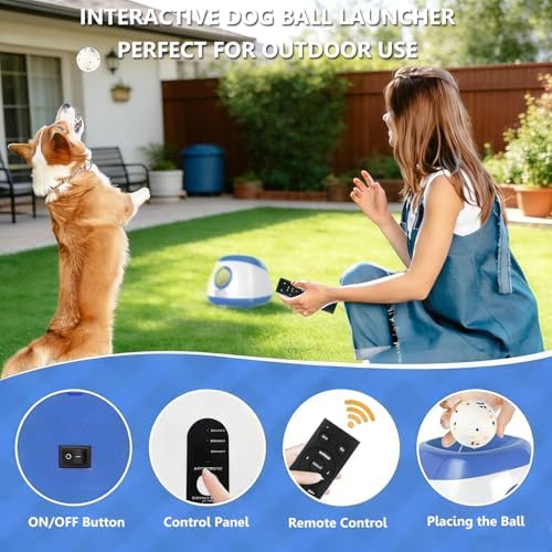 Large Automatic Dog Ball Launcher, Dog Ball Throw Launcher, 3 Adjustable Distance 40-80FT, with 6 2.5-inch ETPU Balls, for Medium & Large Dogs, Indoor and Outdoor Remote Control Interactive Dog Toys