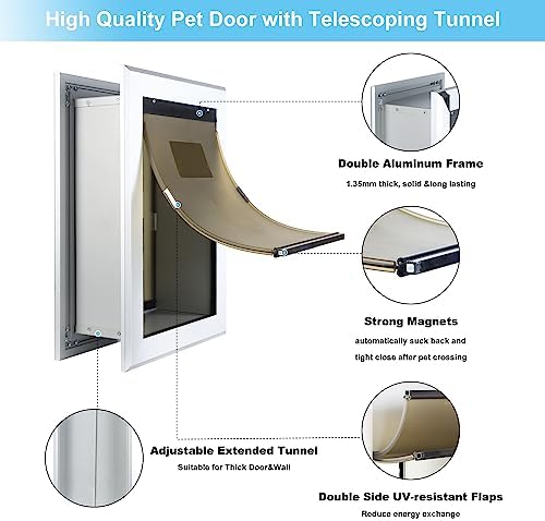Aluminum Medium Dog Door for Interior Exterior Walls Heavy Duty Aluminum Doggy Door with Telescoping Tunnel Energy Efficient Double Flaps Pet Door for Small Medium Doggies