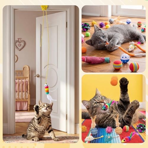 Leitee 100 Pcs Cat Toys Assortment with 1 Gift Storage Bag, Interactive Cat Play Set for Indoor Kitten, Colorful Springs, Mouse Toys, Chew Ropes, Balls, Bells & Sisal Ball