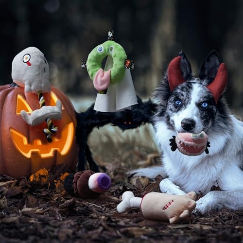 Fuzzwoof 4 Pack Halloween Dog Squeak Toys, Spooky Snacks Theme Puppy Toys with Squeaker and Crinkle Paper Plush Dog Interactive Toys for Fun & Teeth Cleaning