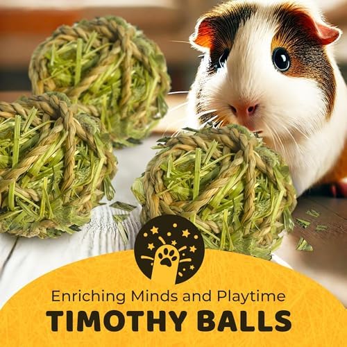 SunGrow Timothy Balls for Rabbits, Chew Toys for Oral Care & Digestion, High Fiber Hay Treats for Bunnies, Guinea Pigs & Small Pets, Teeth Trimmer & Encourage Foraging Instincts, 3 Pcs
