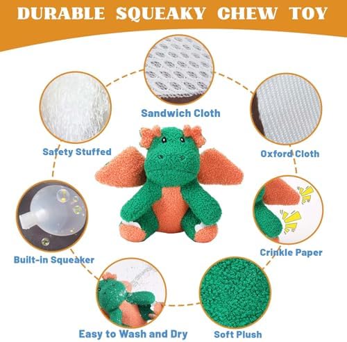 3-Layered Stuffed Dog Toys for Medium Large Dogs, Large Plush Squeaky Dog Toys to Keep Them Busy for Small Medium Large Breed, Cute Animals Puppy Teething Chew Toys - Dinosaur L