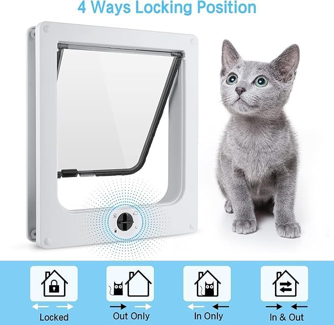 Sailnovo Cat Door（Outer Size 9.25" x 10.62" ）, Rotary 4-Way Facile Locking for Interior Exterior Door,Quiet, ABS Material,Weatherproof Pet Doors, Telescopic Frame, White,(Suitable for Cats<27.54 lb)