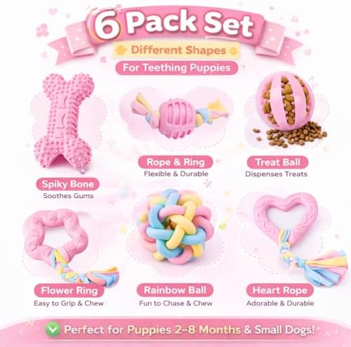 Puppy Chew Toys, 6 Pack Puppy Teething Toys for Small Breed, Soft Rubber Cute Pink Dog Toys, Eco-Friendly, Teeth Cleaning Interactive for Small Dogs (Basket not Included)