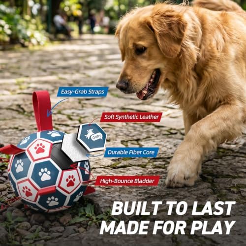 QDAN Dog Toys Soccer Ball with Straps：Durable Balls for Large Dogs, Outdoor Dog Toys, Puppy Birthday Gifts (7 Inch)