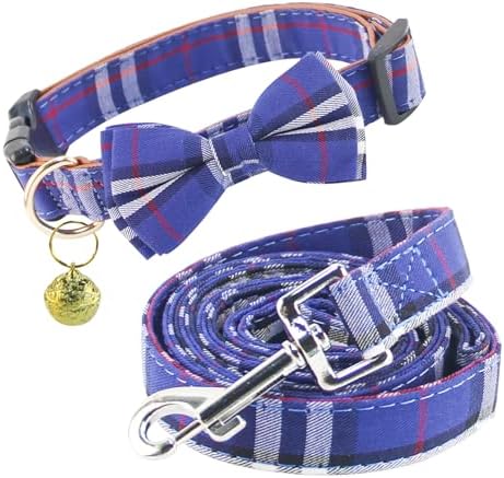 Yizepet Dog Collar and Leash Set-Plaid Puppy Collar with Bow Tie - Adjustable pet Collar for Dogs with Bell, Stylish Pattern for Small Medium or Large Boy and Girl Dog