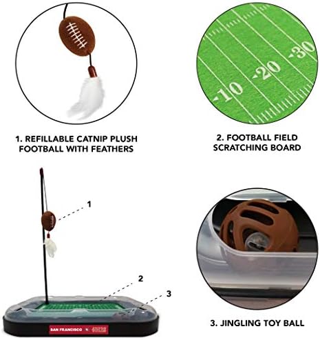Pets First Cute Cat Toy SAN Francisco 49ERS Football Field CAT Scratcher Toy, Catnip Filled Plush Football Toy & Feather Cat Toy Hanging with Jingle Bell Interactive Ball Cat Chasing 5in1 Kitty Toy
