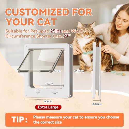 LIBBEPET Thin Interior Cat Door, 4 Way Locking for Cats ≤25 lbs，Extra Large | Fit Doors 0-0.8" Thick, Outer Size 9.8"x11.6", Anti Escape Rotating Lock, Magnetic Auto-Reset Flap, Weatherproof Brush Strips