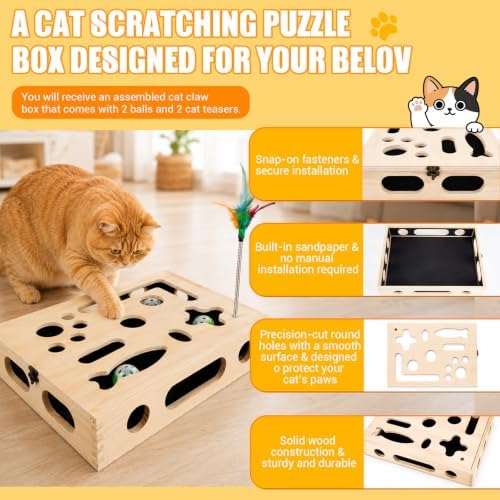 Large Cat Nail File Box, Sturdy Wood Cat Scratch Puzzle Box with Sandpaper
