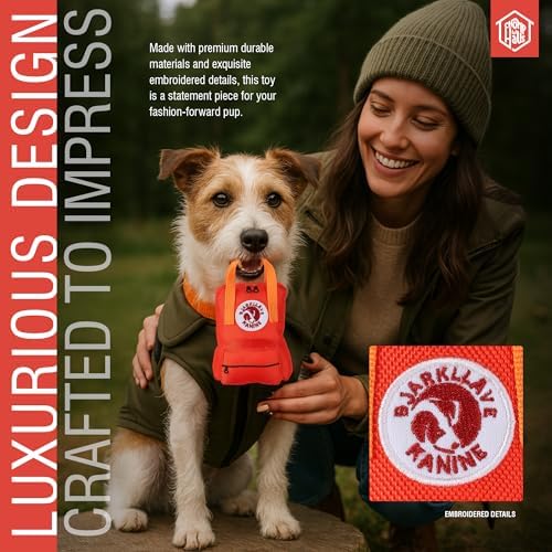 Bjarkliave Kanine – Luxurious Parody Plush Dog Toy with Squeaker, Durable Fabric, Embroidered Details, Designer-Inspired Chew Toy, Fun Gift for Medium Dogs & Trendy Dog Lovers