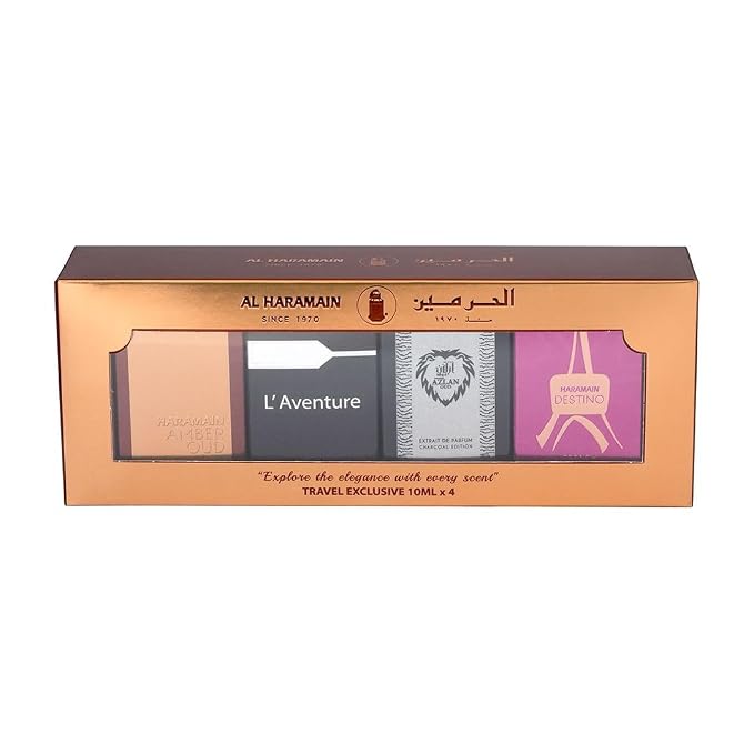 Al Haramain Fragrance Gift Set for Men & Women – 4×10ml each, (Amber Oud Gold Edition + L'aventure + Azlan Oud Charcoal Edition + Destino)