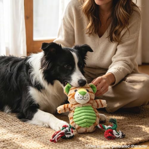 Tiger Plush Dog Toy with Rope and Squeaker for Small Medium Dogs