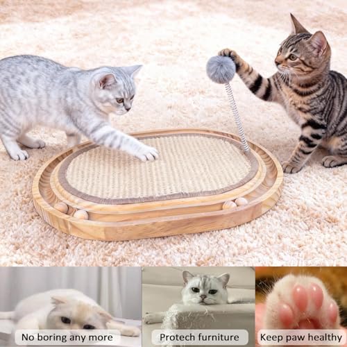 Sisal Cat Scratcher Pad with Wooden Ball Track Toy,Interactive Cat Toys for Kittens & Adult Cats Indoor, Anti-Scratch Furniture Protector for Bored Pet, Cat Enrichment Puzzle
