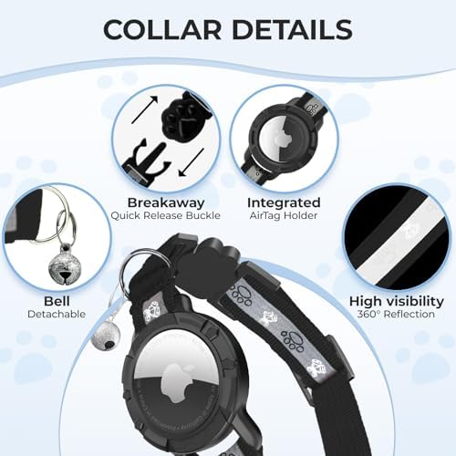 Breakaway AirTag Cat Collar, Reflective Cat Tracker Collar with Bell | Built in AirTag Holder, Adjustable 8.5-12in for Cats, Kittens and Puppies, Safety Elastic Band, Reflective for Night Walking