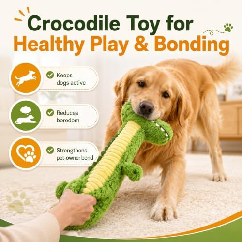 Squeaky Dog Plush Chew Toy, Interactive Tug Squeaky Toy for Chewers, Medium & Large Dogs & Fetch Play, 18.5 In Stuffed Long-Neck Crocodile Toy with Soft Plush Body for Gentle Gum Care & Boredom Relief