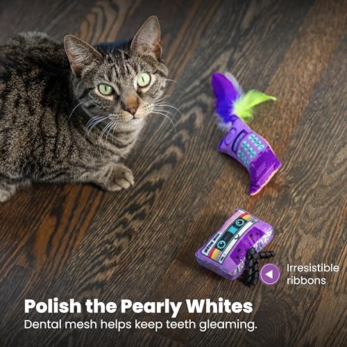 Catstages So Meowsome 90s Cat Toys, 3-Pack Catnip Plush Toys with Crinkle, Feathers & Dental Mesh, Multicolored