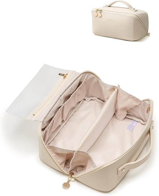 EACHY Travel Makeup Bag, Large Capacity Cosmetic Bag for Women, Waterproof PU Leather, Flat Open Portable Toiletry Bag for Skincare, Brushes & Travel Essentials