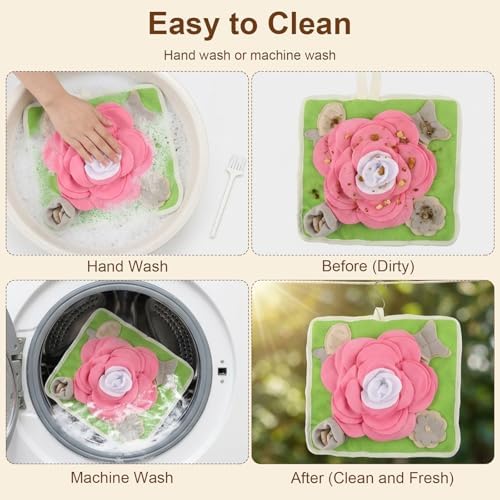 Rabbit Foraging Mat, Interactive Feed Game for Boredom, 13" × 13" Soft Pet Feeding Mat Toy for Rabbits, Guinea Pigs and Puppies, Includes Cleaning Brush & Stainless Steel Hook
