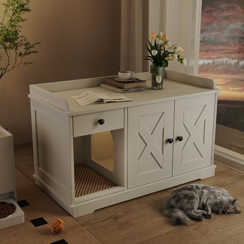 Montary Multi-Use Cat Litter Enclosure Box with Storage Drawer & Cat Litter Mat,Hidden Litter Box Furniture,Farmhouse Style Wooden Pet House Side Cabinet, White
