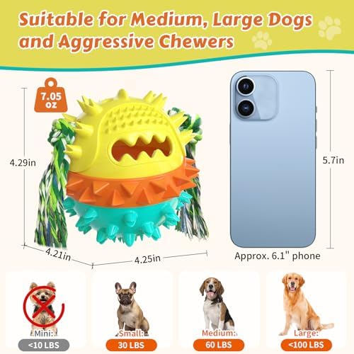 Dog Chew Toys Floating 4" Squeaky Ball for Aggressive Chewers Toothbrush Teething Cleaning Toys Outdoor Swimming Interactive Tough Toys with Treat Dispenser Ball for Medium and Large Dogs