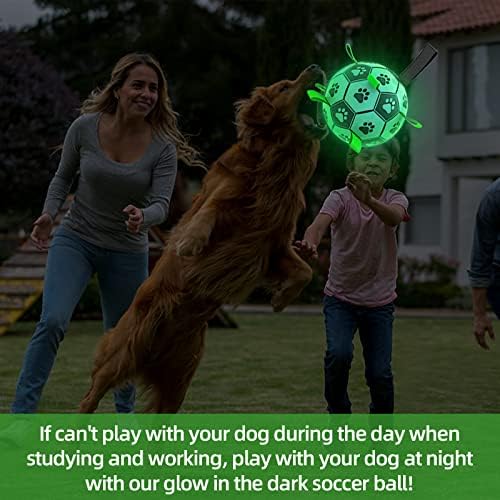 Glow in The Dark Dog Toys, 8'' Dog Soccer Ball with Straps Upgraded Interactive Light Up Dog Toys, World Cup Dogs Football, Outdoor Tug Toys for Medium & Large Dogs Birthday Gifts(8 Inch-Large)
