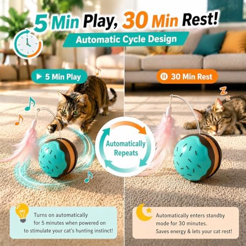 Interactive Cat Toys for Indoor Cats, Automatic Rechargeable Rolling Ball