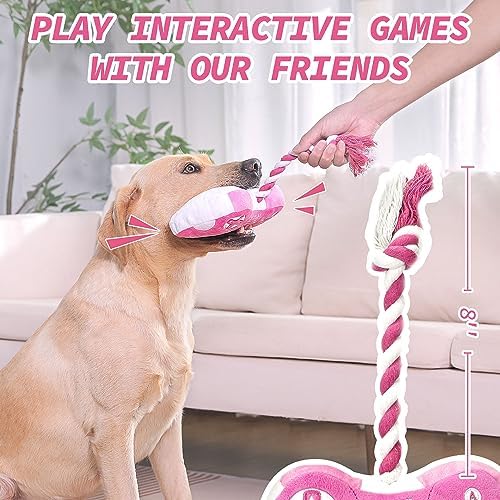 MTERSN Squeaky Dog Toys with Crinkle Paper for Tug of Interactive War, Pink