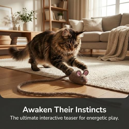 Glaciart One XXL Felt Mouse Cat Toy – 6” Body + 98” Tail – Large Cat Enrichment Toy – 100% Natural Wool with Catnip – Interactive Teaser for Big Cats – Safe Non-AZO Dyes