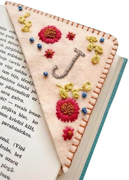 MOTEERLLU Personalized Hand Embroidered Corner Bookmark,Felt Triangle Page Stitched Handmade Bookmark,Unique Cute Flower Letter Embroidery Bookmarks Accessories for Book Lovers(fall-j)