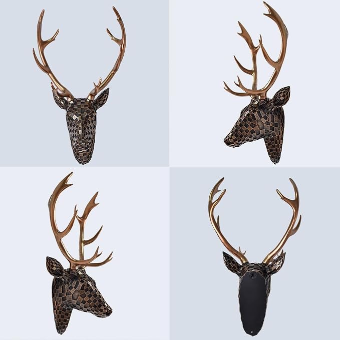 GIGICICI Mosaic Deer Head Wall Decor 15.7x8.7 Inch, Artistic Faux Resin Animal Head Wall Sculpture Hanging for Living Room Bedroom Kitchen Office, Brown Gift