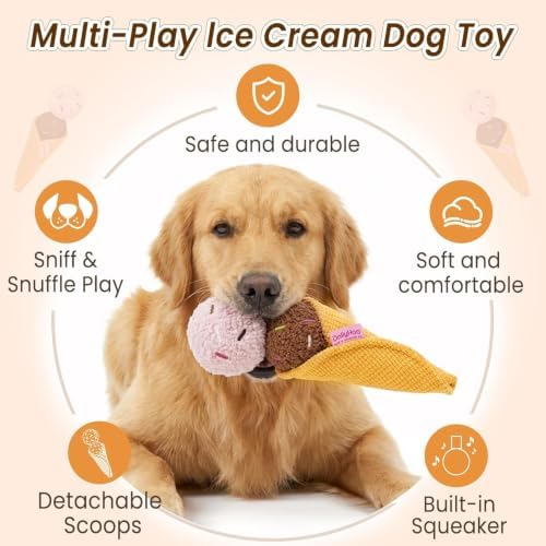 Dog Squeaky Toys Interactive Plush Ice Cream Snuffle Mat, Stuffed Puppy Chew Toy with Crinkle Paper & Treat Pockets, Boredom Relief Brain Stimulation for Small Medium Large Dogs