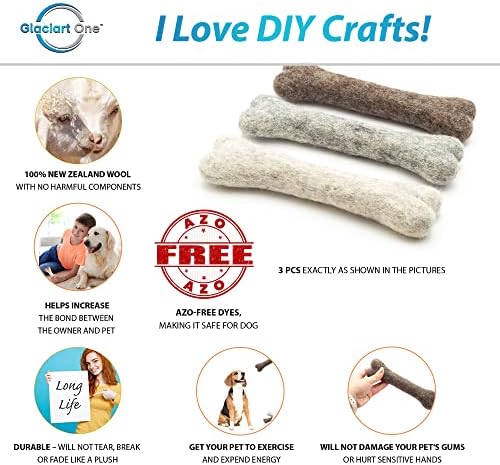Glaciart One Felted Wool Dog Chew Bone (3 Pcs)| Durable Dog Chew Toy, Puppy Chew Toys for Teething & Dog Teeth Cleaning | Pet Toys Fetch Games & for Anxiety/Boredom | Great for Small or Medium