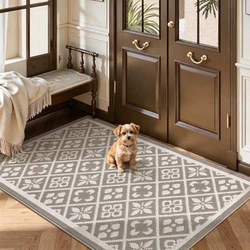 Ileading Indoor Door Mat 3x5ft, Absorbent Muddy Mats for Dogs, Low-Profile Entrance Large Welcome Mat with Non-Slip Rubber Backing, Washable Runner Carpet for Hallway,Entryway,Kitchen(Beige)