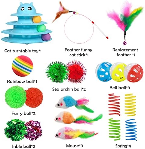 UPSKY 20 PCS Cat Toys Set with Teaser, Mice, Spring, and Various Ball Toys | Puzzle Kitten Toys, Sturdy Structure, Detachable Design, Easy to Assemble, Anti-Slip, Reduces Boredom for Indoor Cats