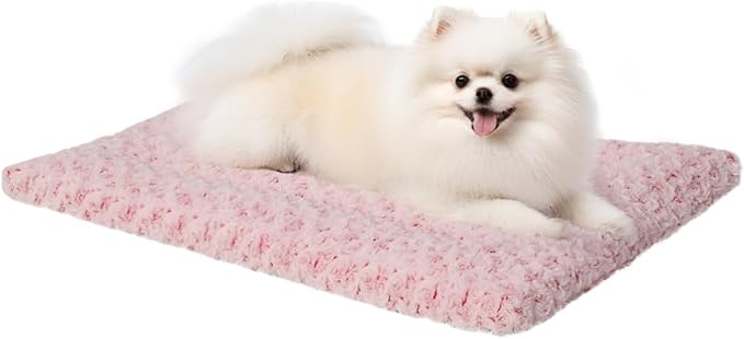 Exsnugy Washable Dog Bed Mat Medium Size Fluffy Pet Crate Pad 30x19 | Non-Slip Bottom Kennel Beds Ultra Soft Comfy Sleeping Mattress for Large Medium Small Dogs Pink