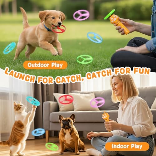 Cat Chase Fetch Toy Rechargeable Disc Launcher with 6 Fly Spinners