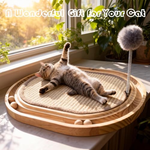 Sisal Cat Scratcher Pad with Wooden Ball Track Toy,Interactive Cat Toys for Kittens & Adult Cats Indoor, Anti-Scratch Furniture Protector for Bored Pet, Cat Enrichment Puzzle
