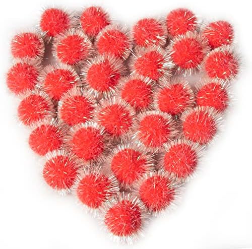 VAPKER 30 Pcs Cat Ball Toys Sparkle Balls Extra Large 2 Inch Cat's Favorite Chase Glitter Ball Glitter Tinsel Pom Poms Balls Red Color