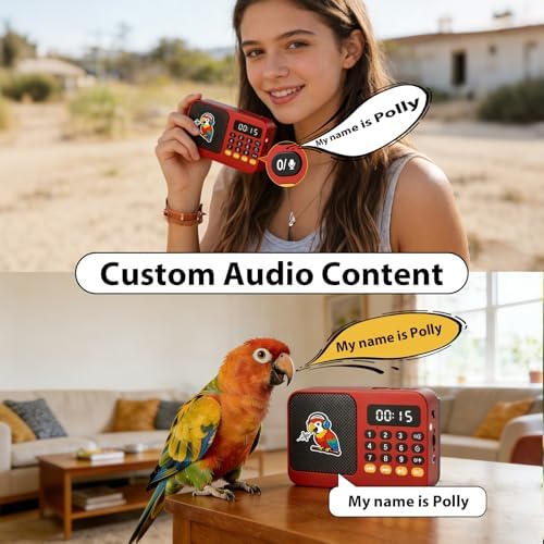 Parrot Talking, Whistling & Singing Training Player – 134 Professional Audio Tracks with Loop Playback &Self-Custom Audio, Includes Training Guide for Beginners & Busy Individuals (Red)