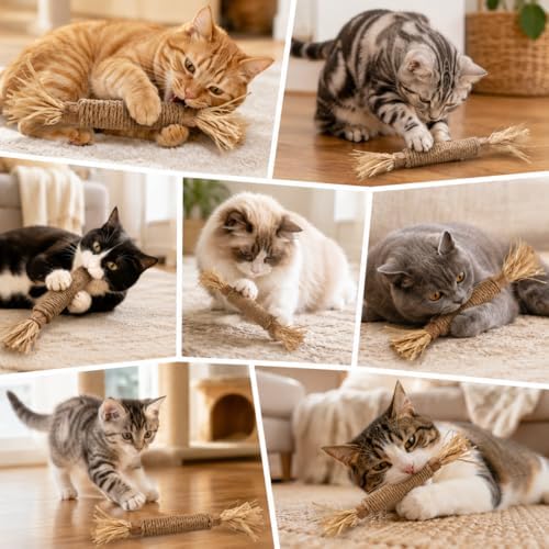 Sisal Wrapped Cat Chew Toy, Natural Raffia Stick for Indoor Cats, Interactive Kitten Teether for Teeth Cleaning, Biting, Exercise, Boredom Relief, Durable Pet Gift, Lightweight Handy Play Accessory