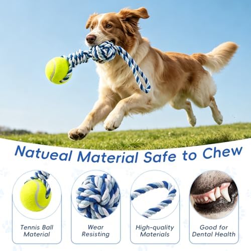 Interactive Tug of War Rope Toy Outdoor Dog Toy with 1 Knot & Tennis Ball
