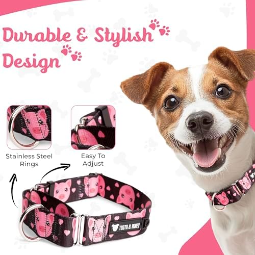 Tooth & Honey Martingale Dog Collar, 1.5-Inch Wide Pig Printed Design