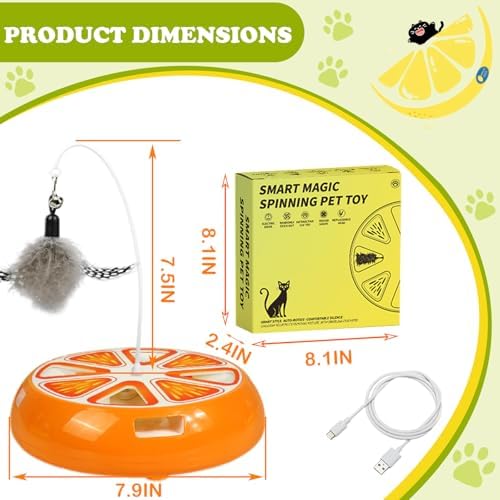 Puffluv Interactive Cat Toy,2 in 1Fruite Shape Toys with Electric Moving Concealed and Hanging Feathers Pop and Play Hide Seek, Hunting,Tpye-C Rechargeable-Orange
