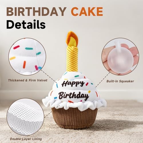 wodoca Dog Birthday Cake Toy, Squeaky Plush Chew Toy for Small to Medium Dogs, Realistic Birthday Party Decor & Puppy Gift for Interactive Play, Teeth Cleaning