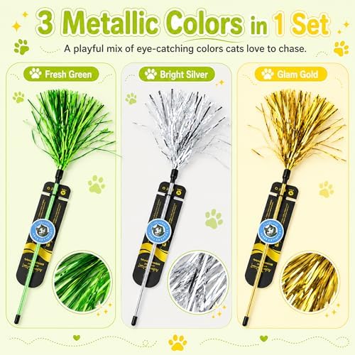 ADUCK Tinsel Cat Wand Toys for Indoor Cats, Interactive Kitten Toys, 3 Pack