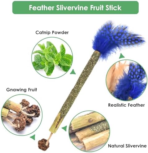 Bissap 12 PCS Silvervine Chew Sticks for Cats, Catnip Chew Sticks Cat Toys for Indoor Cat Kitten Teeth Grinding Interactive Feather Toys for Aggressive Chewers Dental Care