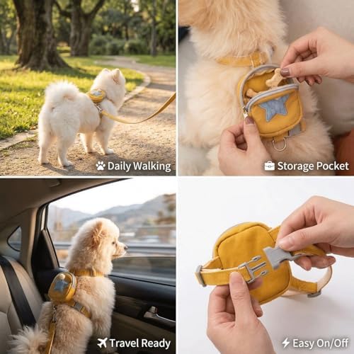 Pet Backpack Harness with Leash for Dogs and Cats, Adjustable Vest with Storage Pocket, Poop Bag Dispenser, Soft Breathable Nylon for Small Medium Pets Walking Hiking Travel (Yellow)