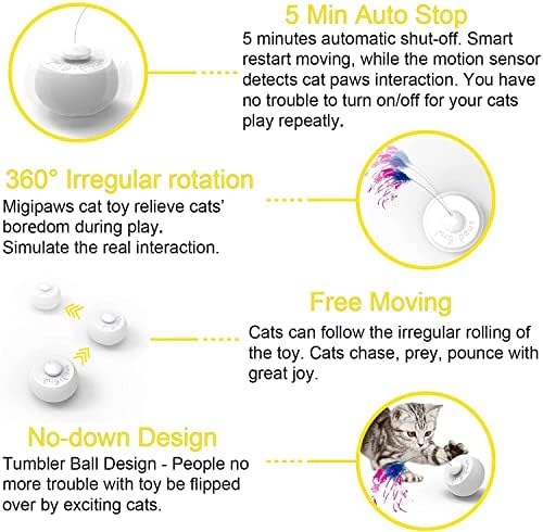 Migipaws Interactive Cat Toys, Butterfly & Feather Kitten Toy,Automatic Spinning Ball for Indoor Bored Cats,Self Play Intelligent Touch Senser, 3 Replacements