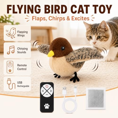 Flying Bird Cat Toy (Not a Flying Bird) – Interactive Flappy Bird Toy for Indoor Cats, USB Rechargeable with Real Feathers, Chirping Sounds & Remote Control