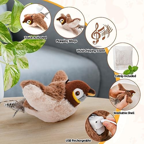 LIFLIX Flappy Bird Cat Toy for Indoor Cats, Simulated Chirping Flapping Wings Bird, Interactive Catnip Toys, Plush Kitten Exercise Toys (Brown Sparrow)